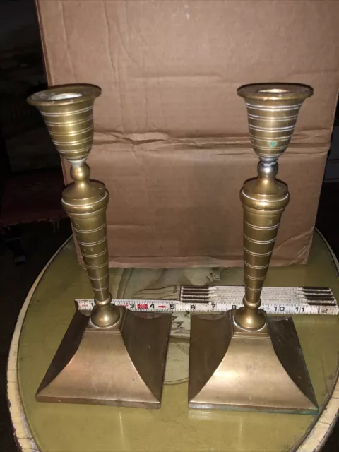 Antique Pair Solid Brass Heavy Candle Sticks  Wide Base 11”
