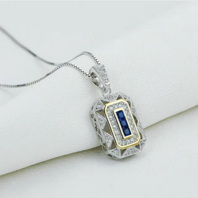 Art Deco Blue Sapphire & Lab Created Diamond Vintage Wedding 925 Silver Pendant