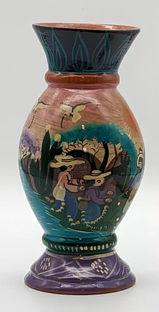 Talavera-Style Hand Painted Vase Villagers in the Field Mexican Pottery