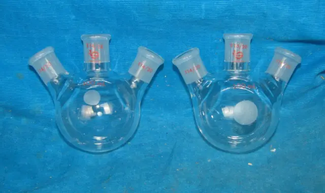 Two (2) Labglass 100ml 3 Neck Round Bottom Boiling Flasks, 10/14 Three Neck