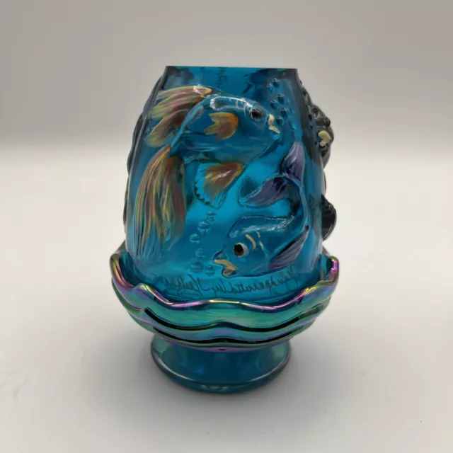 Fenton Glass Atlantis Teal Koi Fish Fairy Lamp Hand Painted Signed MINT