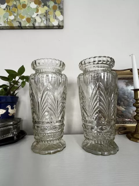 Beautiful Vintage  Pair Of 10” Cut Glass Vases