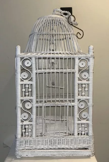 Antique Wicker Wood Hanging Decorative Bird Cage Dome Top Painted Tray Perch