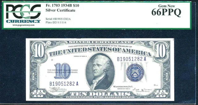 1934B, $10 Fr#1703 Sc-Finest Known-2Nd Rarest $10 After1933-Pcgs 66- Rare
