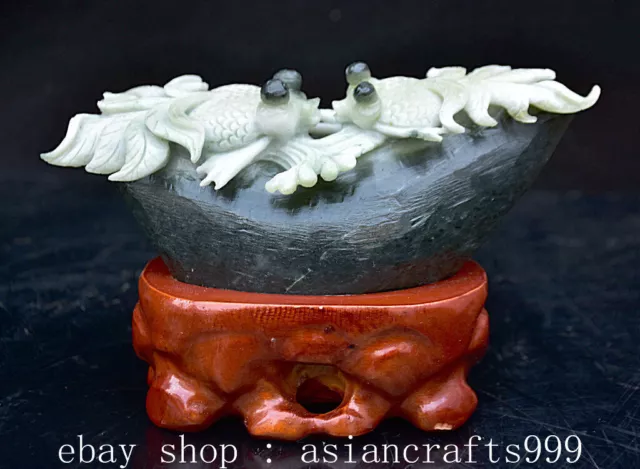 7.6" Chinesische natürliche grüne Dushan Jade geschnitzt Goldfisch Fisch Statue