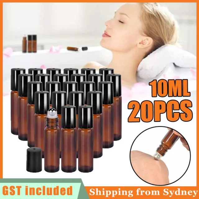 20X 10ml Roller Bottles Amber THICK Glass Steel Roll on Ball For Essential Oils