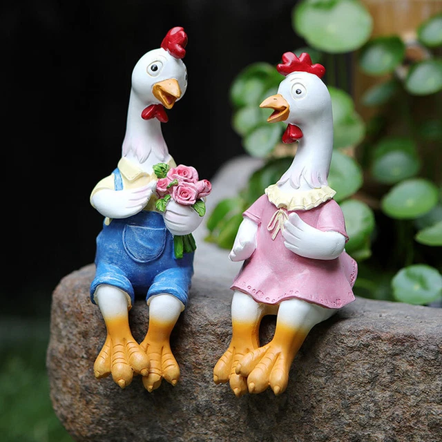 Lovers Chicken Decor Statue Resin Art Sculptures for Garden Flowers Pot Plants