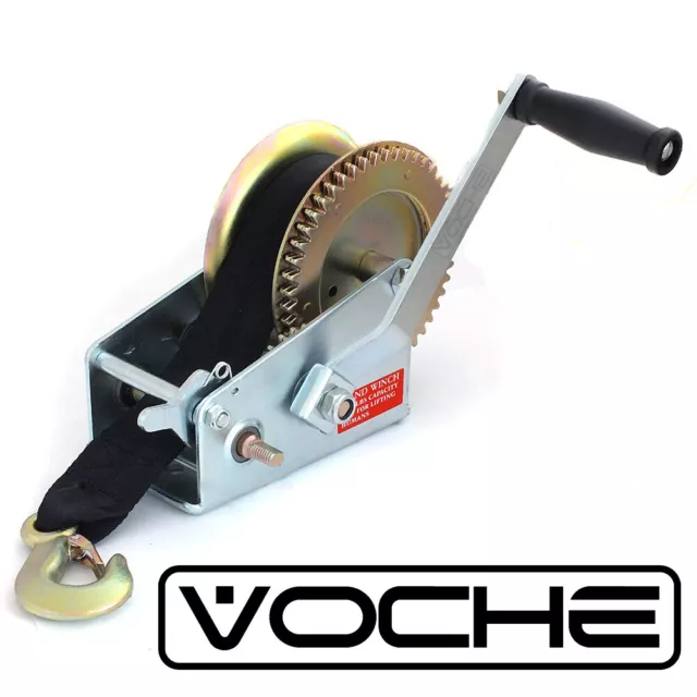 Voche Hand Trailer Winch + 8m Webbing Strap + Hook - 2000lb Manual Boat Marine