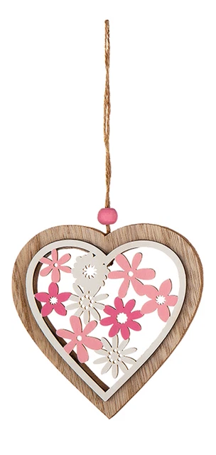 Gancio Finestra Holz-Hänger-Herz con Fiori Natura Rosa 10x1x17cm Campagna