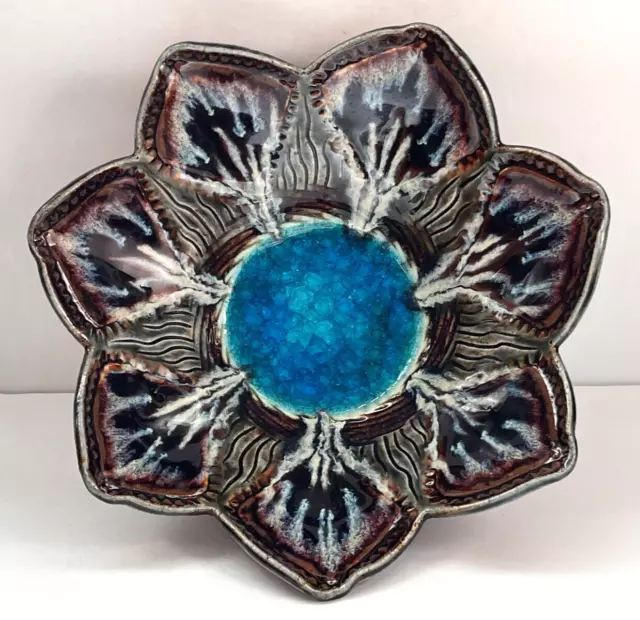 Studio Art Pottery Lotus Flower Shaped Bowl w/ Crackle Glass Centerpiece, Signed