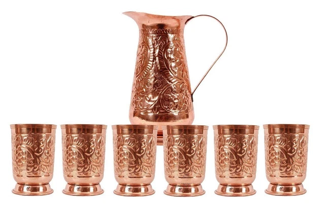 Indianer Traditionell Handgefertigt Reine Kupfer Krug Mit 6 Glas Für Serviert