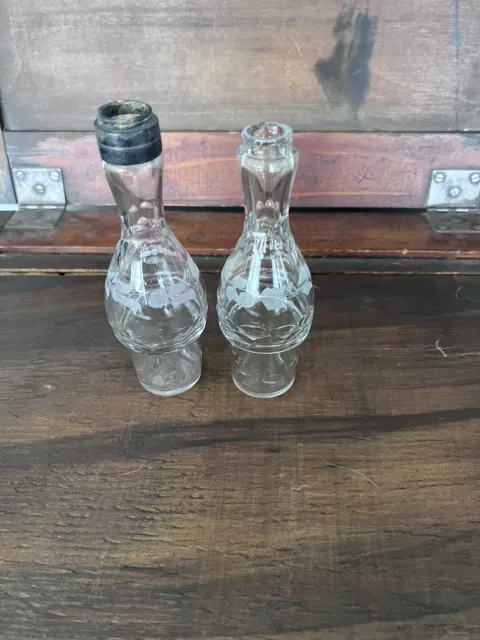 2 Old etched Antique Glass CASTOR SET CRUET BOTTLES one cap