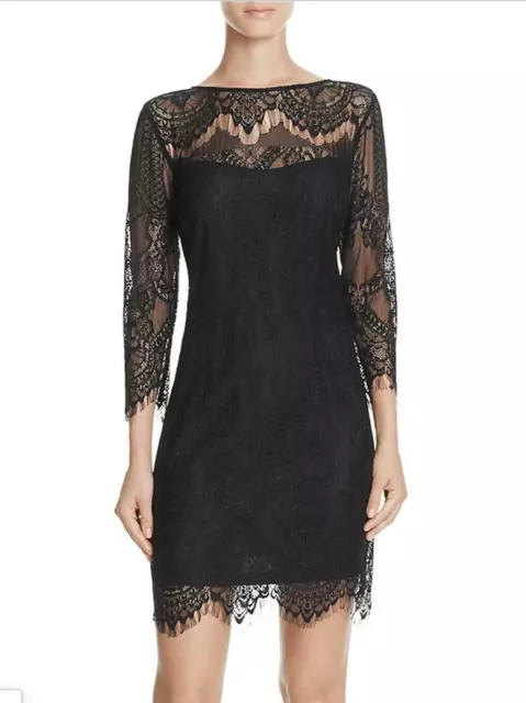 BB Dakota Everton Size 4 Lace Dress Black Party Cocktail Mini 3/4 Sleeve V-back 2