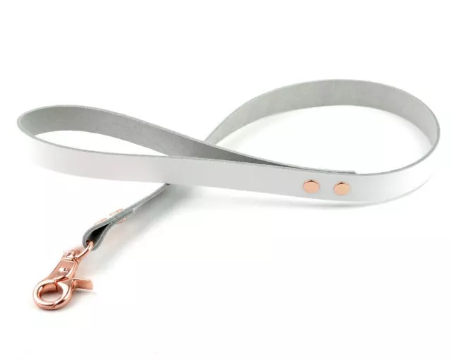 White  75CM / 30" Rose Gold appointed Handcrafted Leather Leash Col2WRg