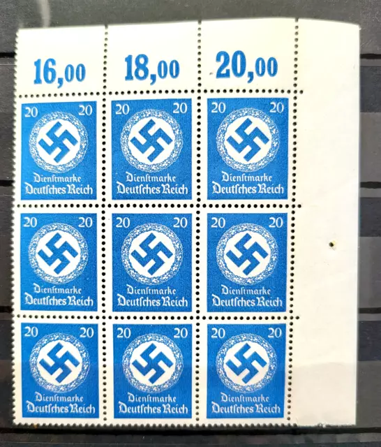 ww2 '42 German genuine block of 9 stamps with marg. Officials 20 pf swastika MNH