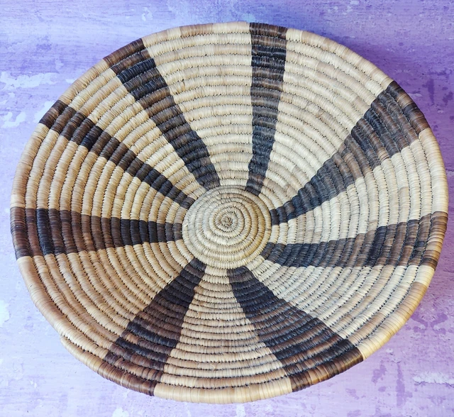 Native African Tribal Hand Woven Coil Basket Bowl Two Tone Vintage 12.5 Inch
