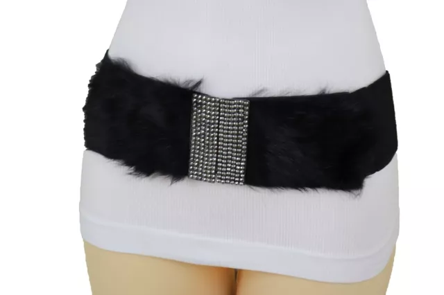 Women Black Wide Elastic Misses Lady Fashion Belt Faux Fur Bling Buckle Size M/L