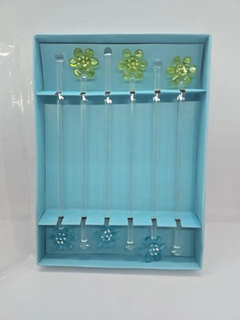 Vintage 6 Swizzle Sticks Glass with Green Or Blue Daisies NIB 7.5" Handblown
