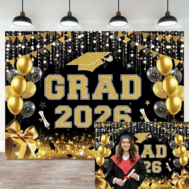 GRAD BACKDROP 2026 Black and Gold Glitter Graduation 7x5FT, £11.48 ...
