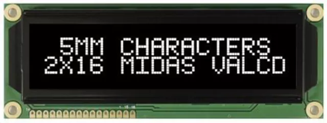 Midas MC21605G12W-VNMLW MC21605 Alphanumeric LCD Display Black, 2 Rows by 16 Cha