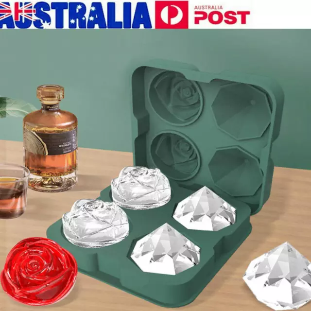 4 Cavity Large Ice Cube Tray 3D Diamond Rose Shape Silicone Mold Whiskey Mould