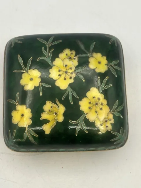 Cloisonné Lidded Square Trinket Box Brass And Enamel Green With Yellow Flowers