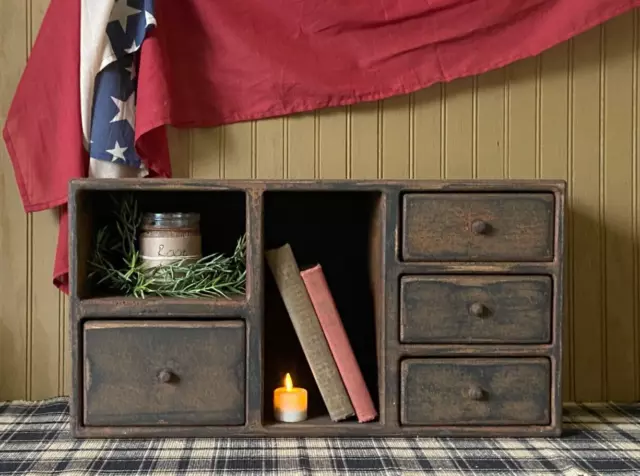 Primitive Country Early American Colonial Farmhouse Aged Mustard 4 Drawer Cubby