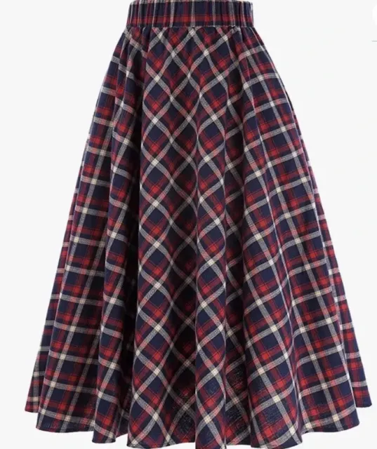 Kate Kasin Plaid Midi Length A-line Skirt Pockets Size Large Dark Academia