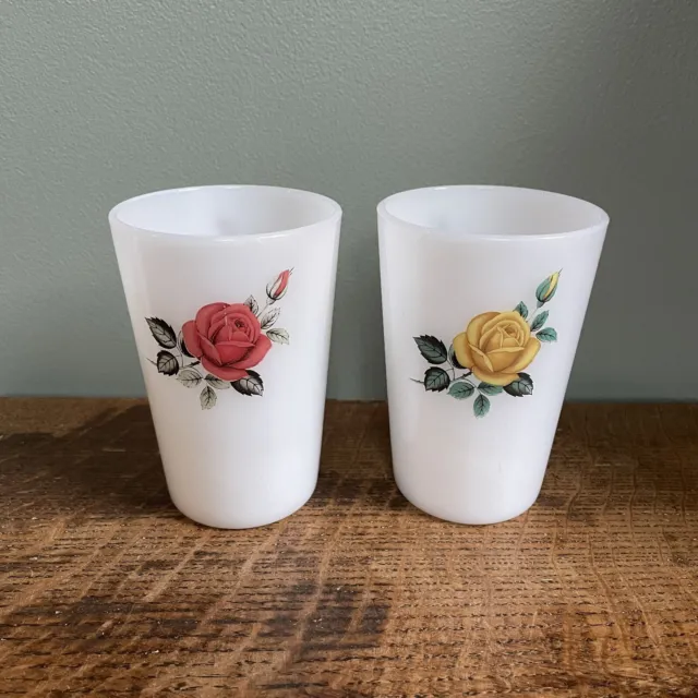 Pair Of Vintage Phoenix Opalware Floral Rose Pyrex Beakers