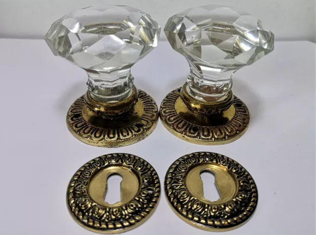 1 Pair VINTAGE (ANTIQUE) DOOR KNOBS - CLEAR CRYSTAL /glass - Pulls HANDLES 55 mm