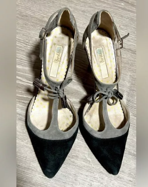 Boden Gray Black T-Strap Suede Pointed Toe Stiletto Heels Size 38 US 7