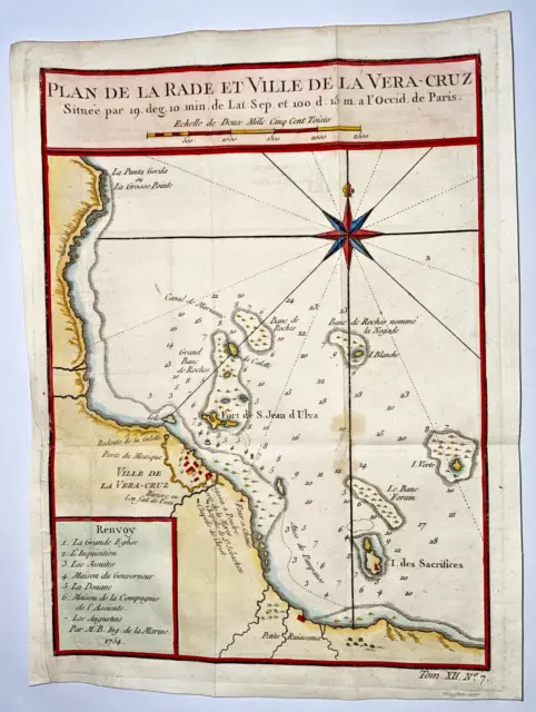 Vera Cruz Mexico 1754 Nicolas Bellin Antique Sea Chart 18Th Century