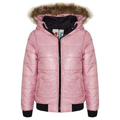 Kids Girls Jacket Baby Pink Maya Faux Fur Padded Puffer Hooded Coat 5-13 Yrs