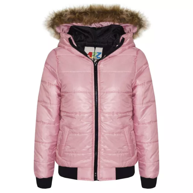 Kids Girls Jacket Baby Pink Maya Faux Fur Padded Puffer Hooded Coat 5-13 Yrs