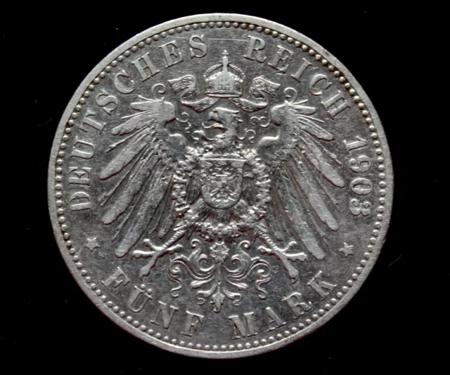 1903 A Deutsches Reich Germany Prussia 5 funf mark .900 silver coin