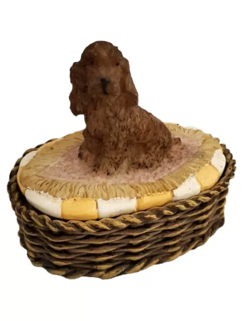Vintage  Brown Cocker Spaniel Dog Figurine in Wicker Basket Trinket Box