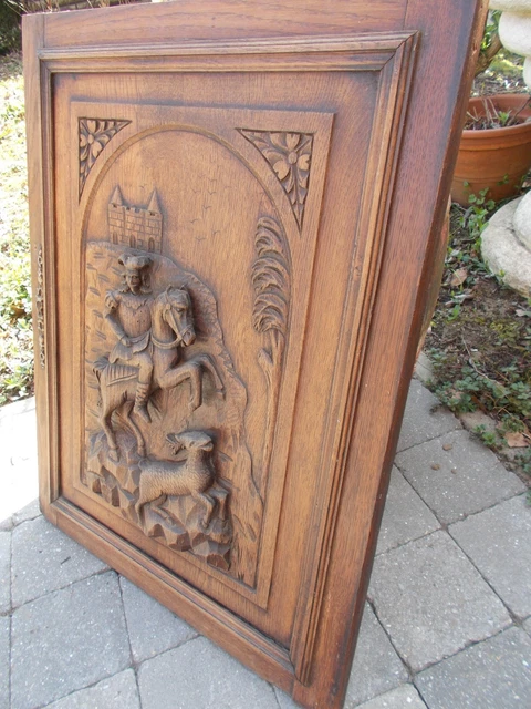 French Antique Hand Carved Large Wood Door Panel -  Horse Man Hunting Sculpture 5