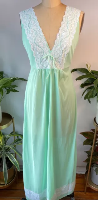 Vtg 60'S-70'S Pretty!!Mint Green &Lace Long Nightie Nightgown Negligee*S/M