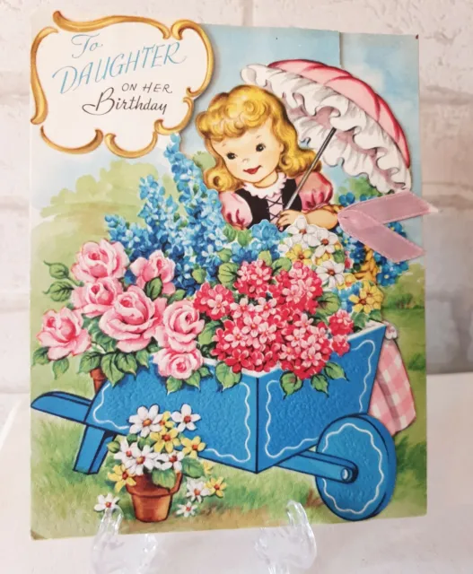 Vintage 1950s Fairfield To Daughter Parasol Floral Girl Greeting Card (EB0211)