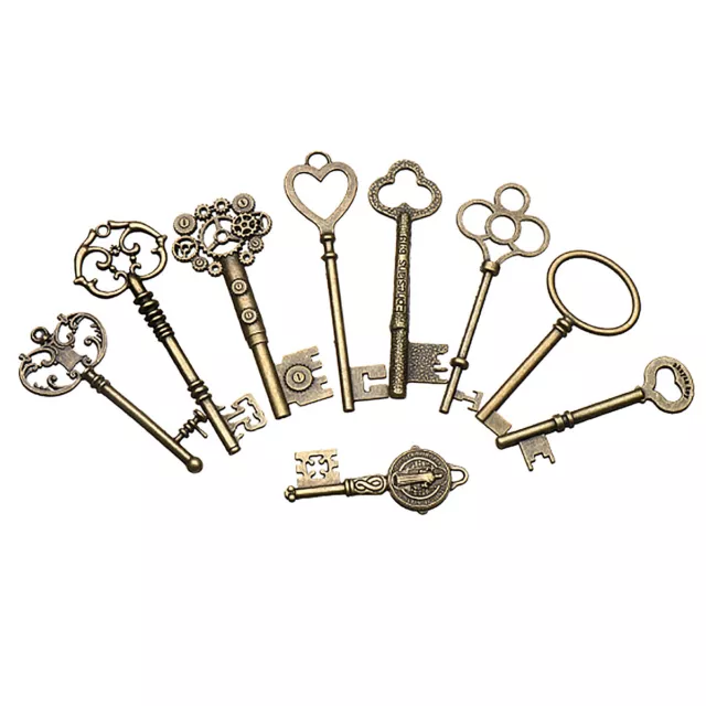 9PCS BIG Large Antique Vtg old Brass Skeleton Keys Lot Cabinet Barrel Lok