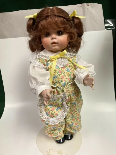 All Bisque Body 18" porcelain doll w/ stand, homemade clothes fine collectible