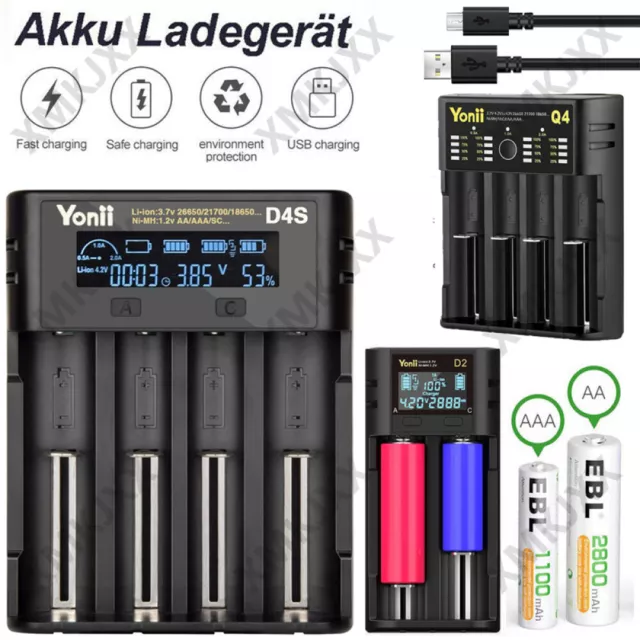 2/4 Slots LCD Akku Ladegerät USB Charger für Lithium Batterieladegerät A AA AAA