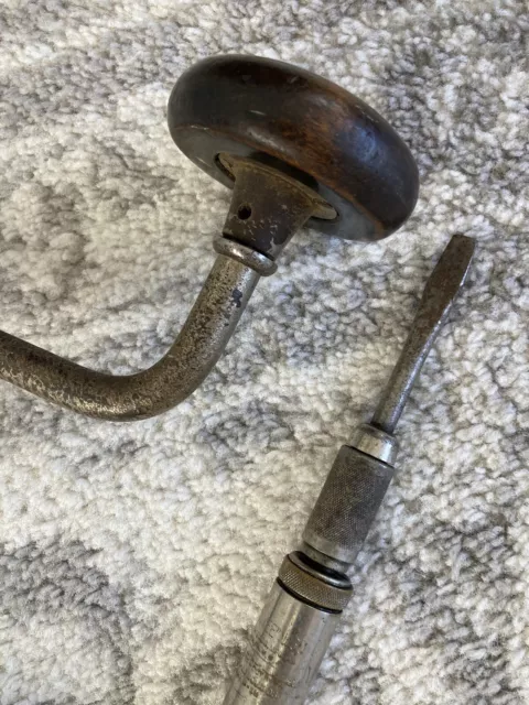 Antique Stanley No. 945 10" Hand Brace Drill & Yankee #30 Screwdriver Made USA 2
