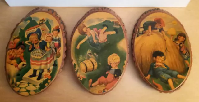 Vintage 3 Children's Nursery Rhymes on Wood Plaques with Tree Bark Wall Art