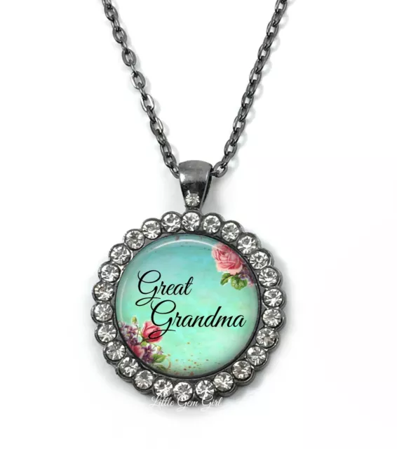 Great Grandma Rhinestone Crystal Pendant Charm Necklace Mothers Day Gunmetal