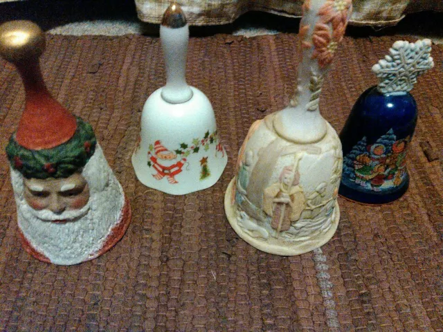 Lot of 4 Christmas Bells includes Lefton Nativity Bell, George Good, Midwest Imp