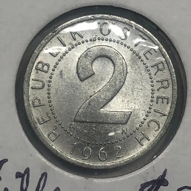 1962 Austria Uncirculated 2 Groschen Foreign Coin #2022