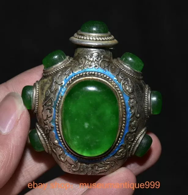 2.2" ancient China Chinese Silver inlay Green jade Rune snuff box Bottle