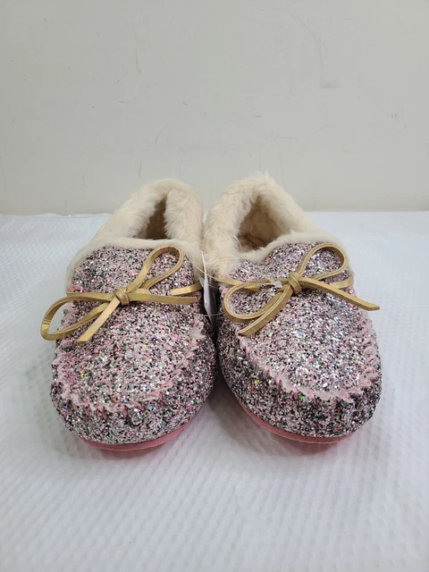 J. Crew Crewcuts Lodge Slippers Faux Fur Moccasins Rose Gold Glitter Size K5 NEW