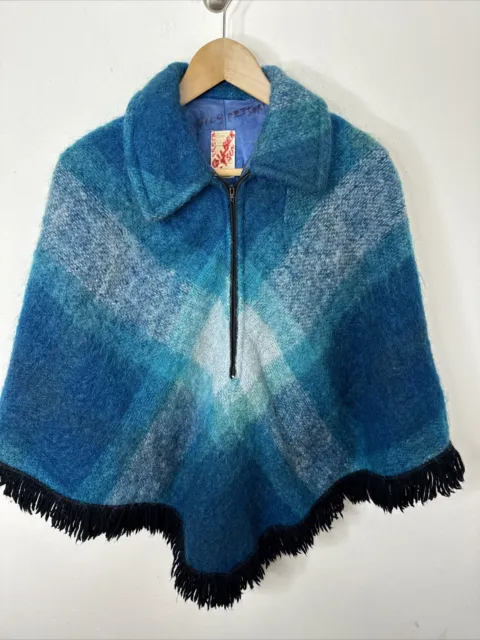 VINTAGE HUDSON’S BAY 1970's Blue Plaid Mohair Fringe Poncho Coat Wool ...